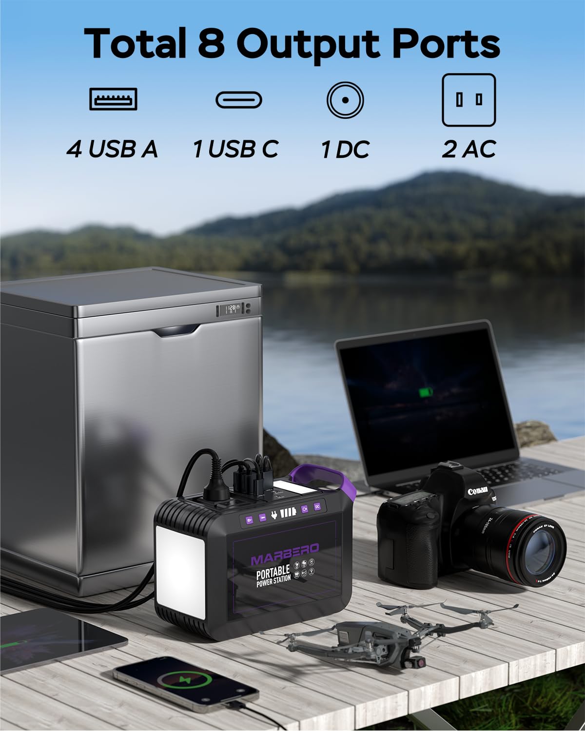 MARBERO Portable Power Station 200W Solar Generator 172WH Camping Power Bank with AC Outlet 110V, DC, USB Mini Generator Portable Multifunctional LED Flashlight for CPAP Home Outdoor Trip Power Outage
