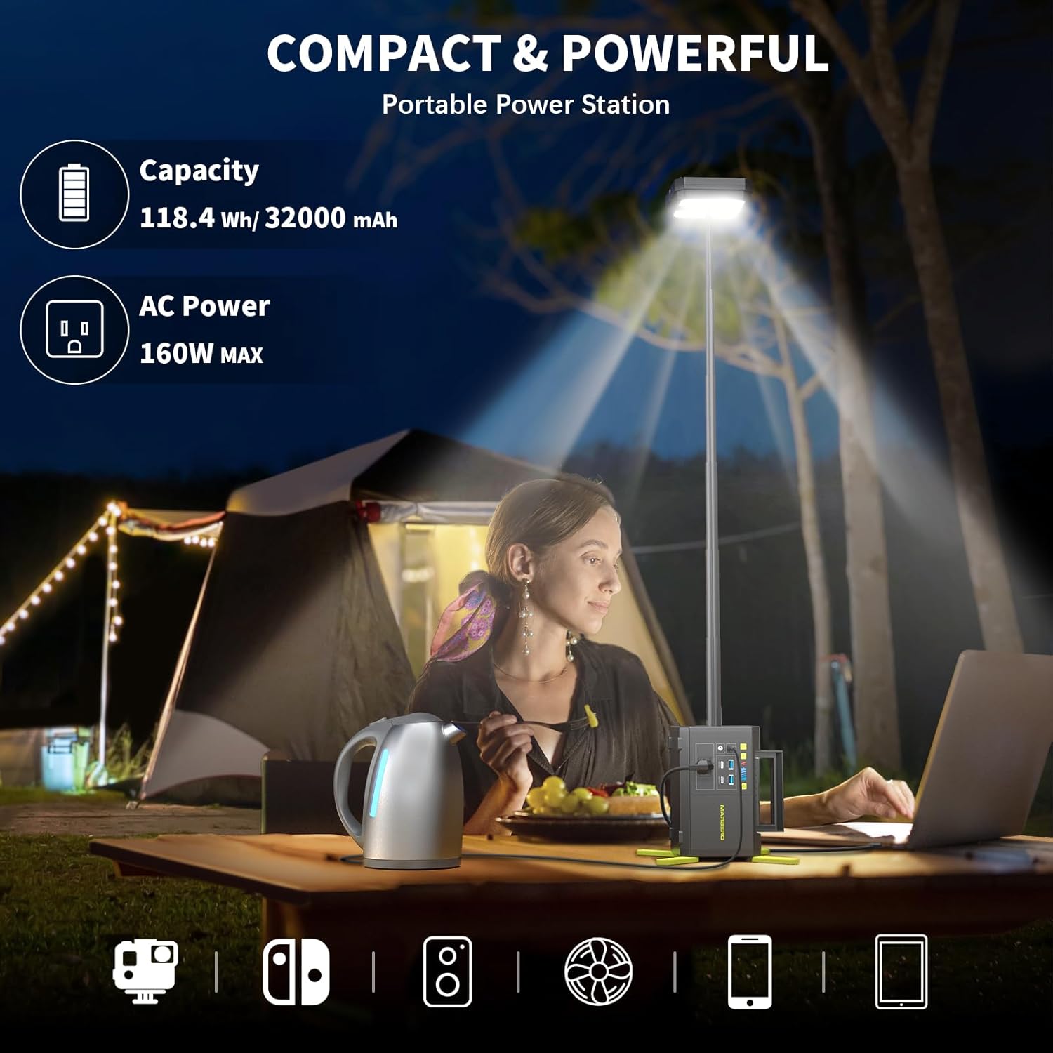 MARBERO 118Wh Portable Power Station with Telescopic Camping Lights