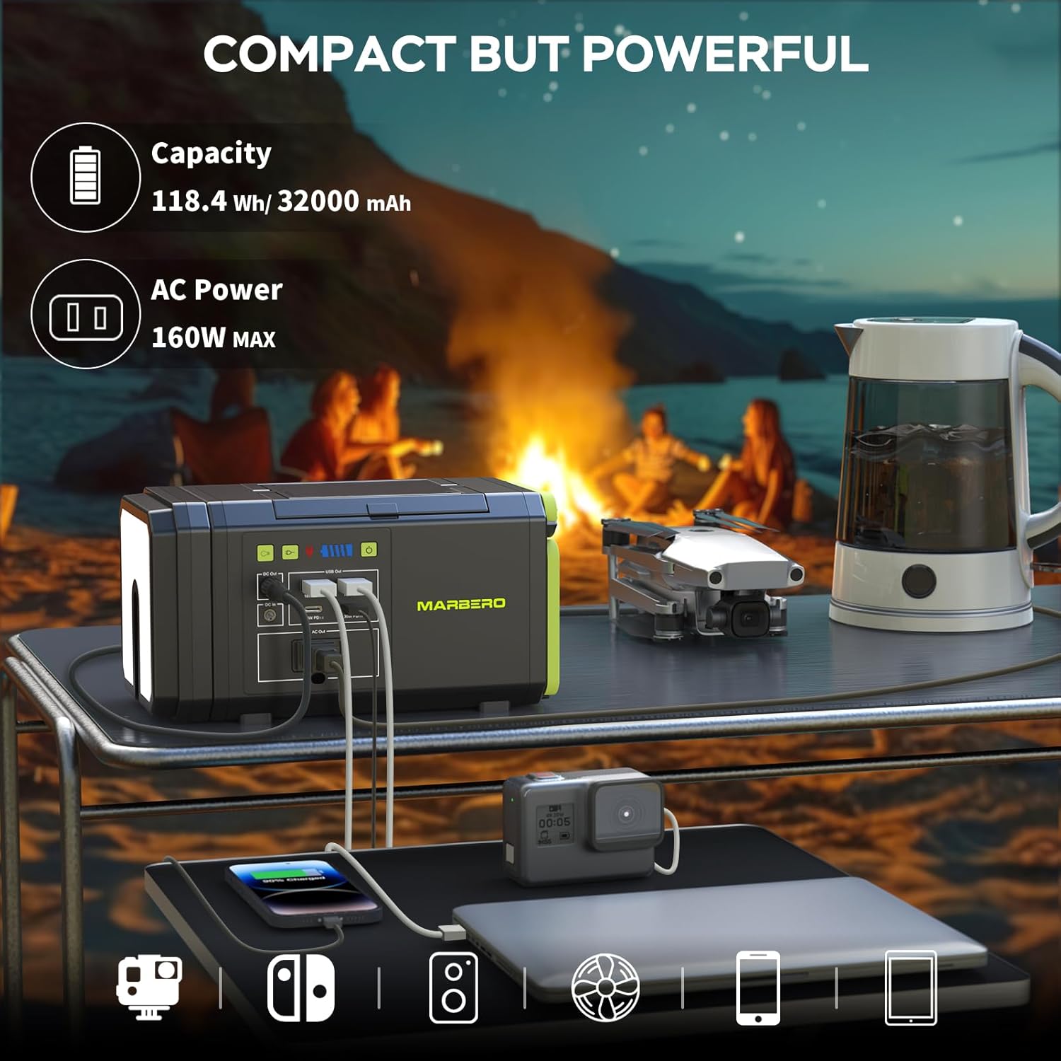 MARBERO 118Wh Solar Generator with Telescopic Camping Lights (30W Solar Panel Included)